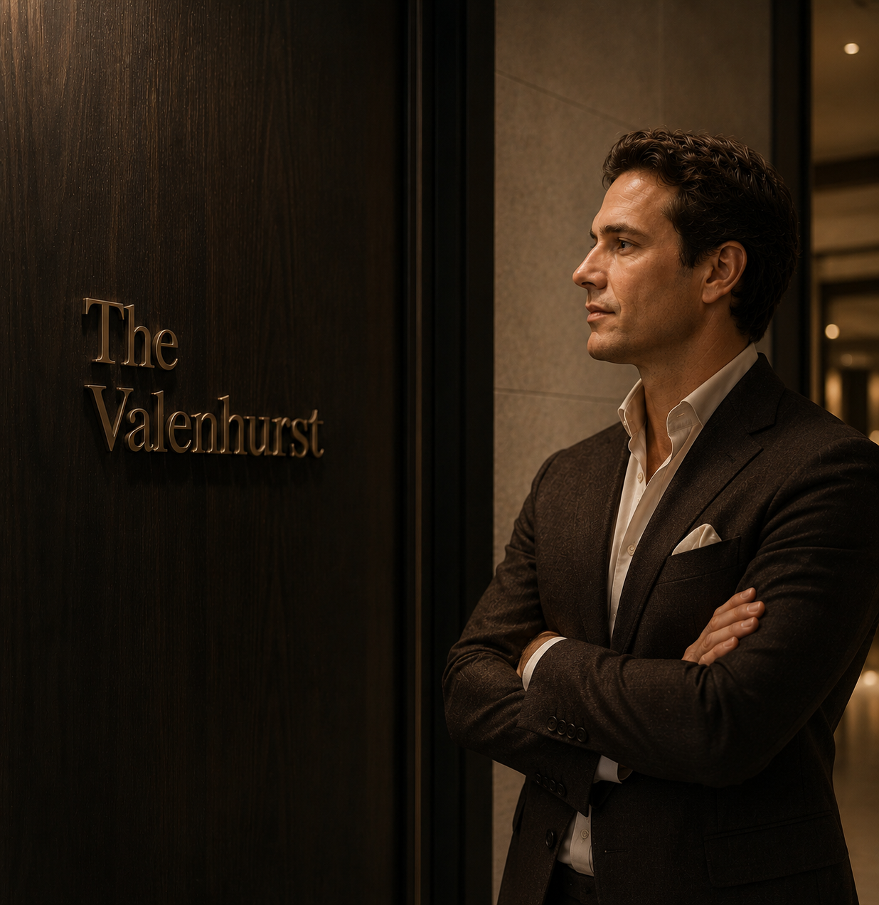 David Rosen, Partner of Private Client Advisory at Valenhurst, in profile beside the brass The Valenhurst signage