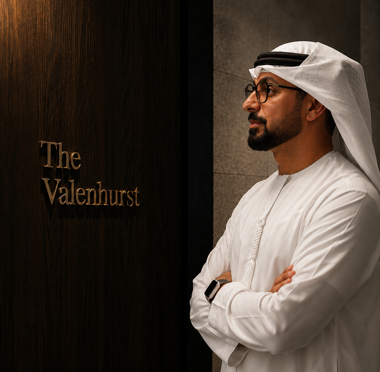 Al Hamri, Partner of Government & Regulatory Affairs at Valenhurst, in profile beside the brass The Valenhurst signage