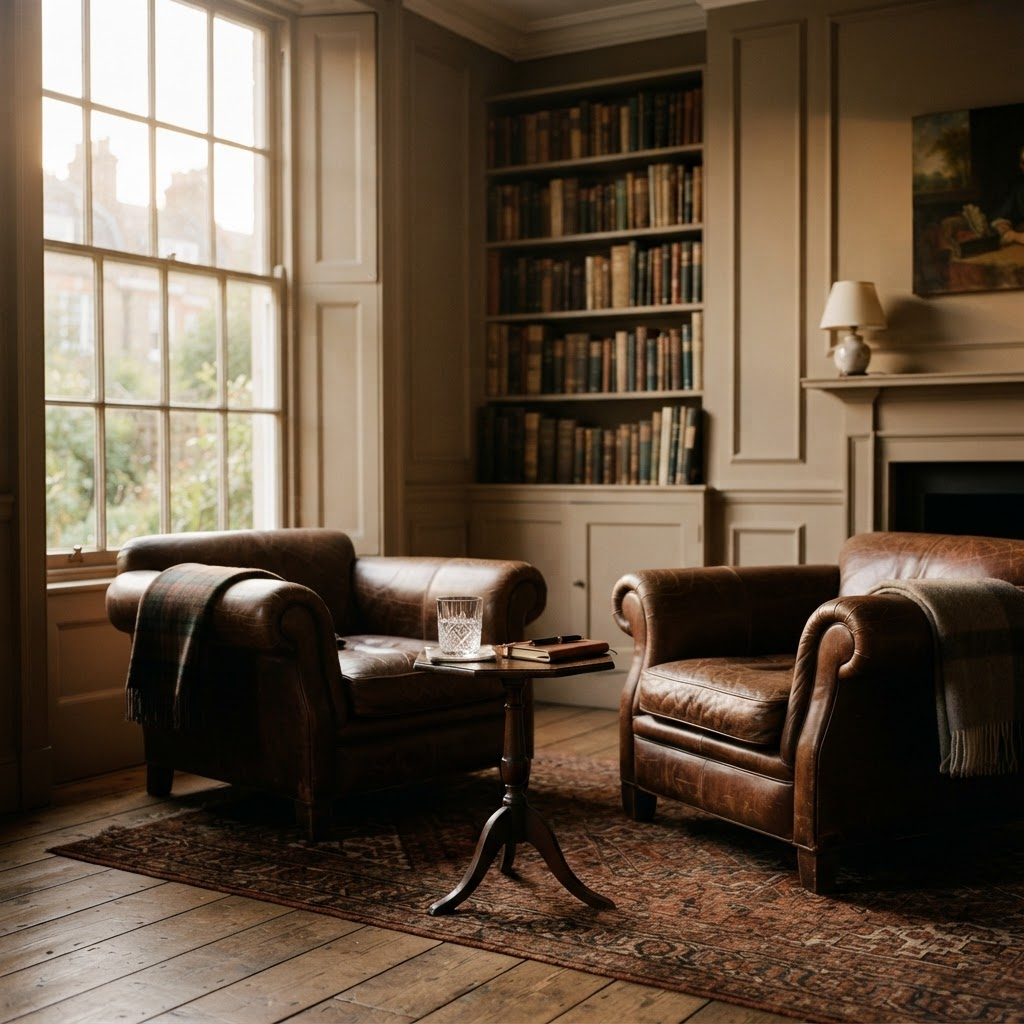 Two leather armchairs facing each other beside a tall study window