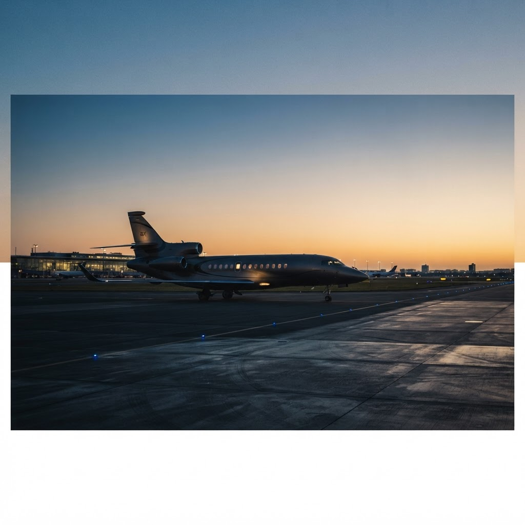 Private business jet on a tarmac at dusk against a gradient sky