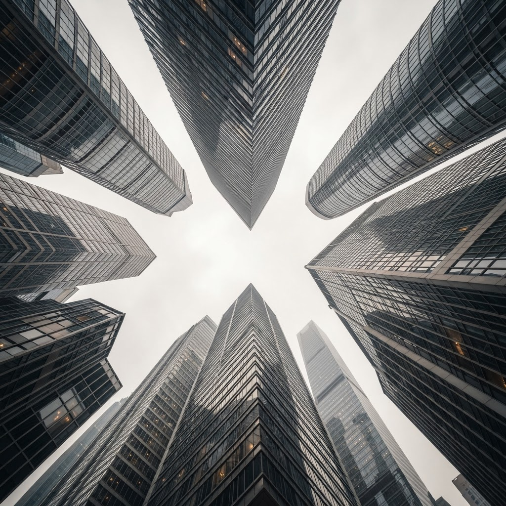 International financial district towers converging against a pale sky