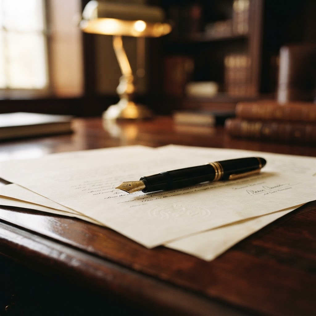 Fountain pen resting on formal documents on a polished desk