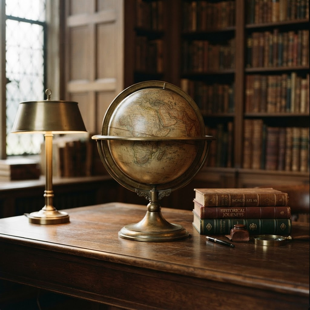 Antique brass globe and leather books on a dark walnut library desk