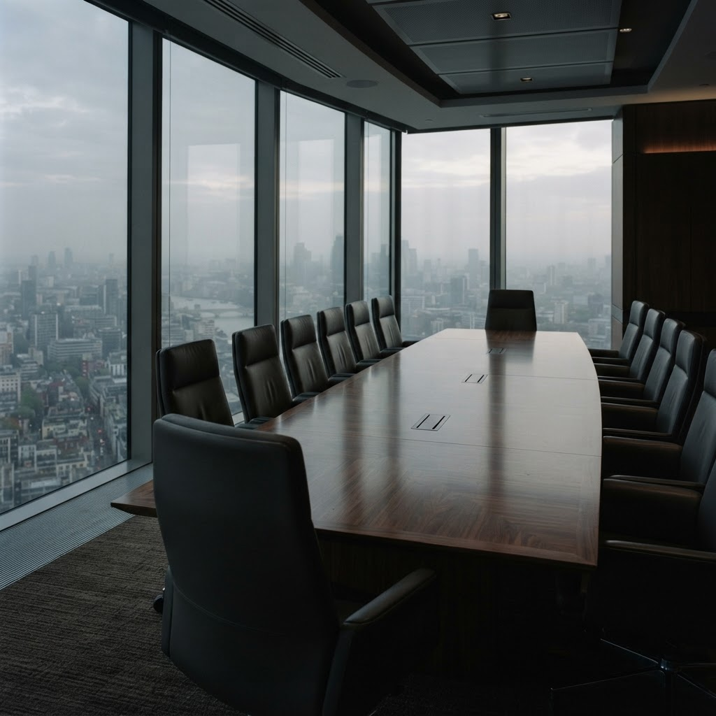 Empty executive boardroom overlooking a hazy city at dusk