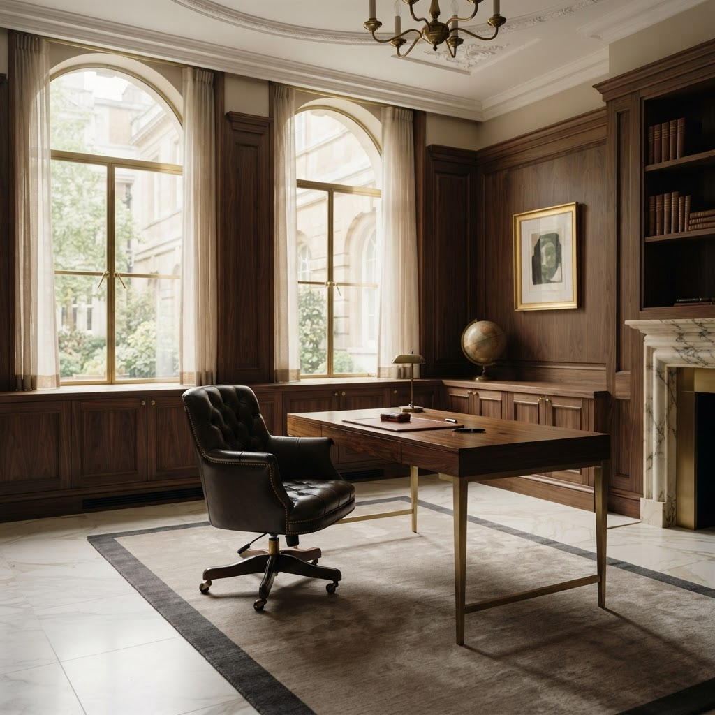 Refined private-bank meeting room with marble surfaces and warm light