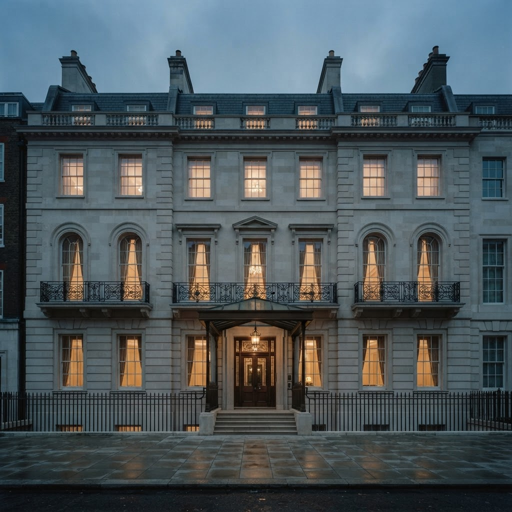 The exterior facade of the Mandarin Oriental Residences on Hanover Square, London, at dusk